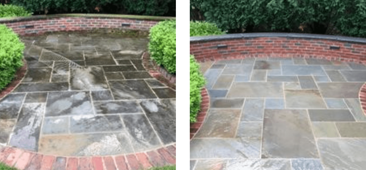 A before and after picture of a patio with brick pavers.