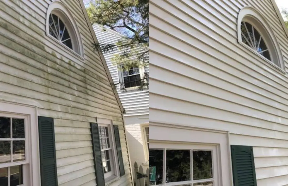 A before and after picture of the exterior of a house.