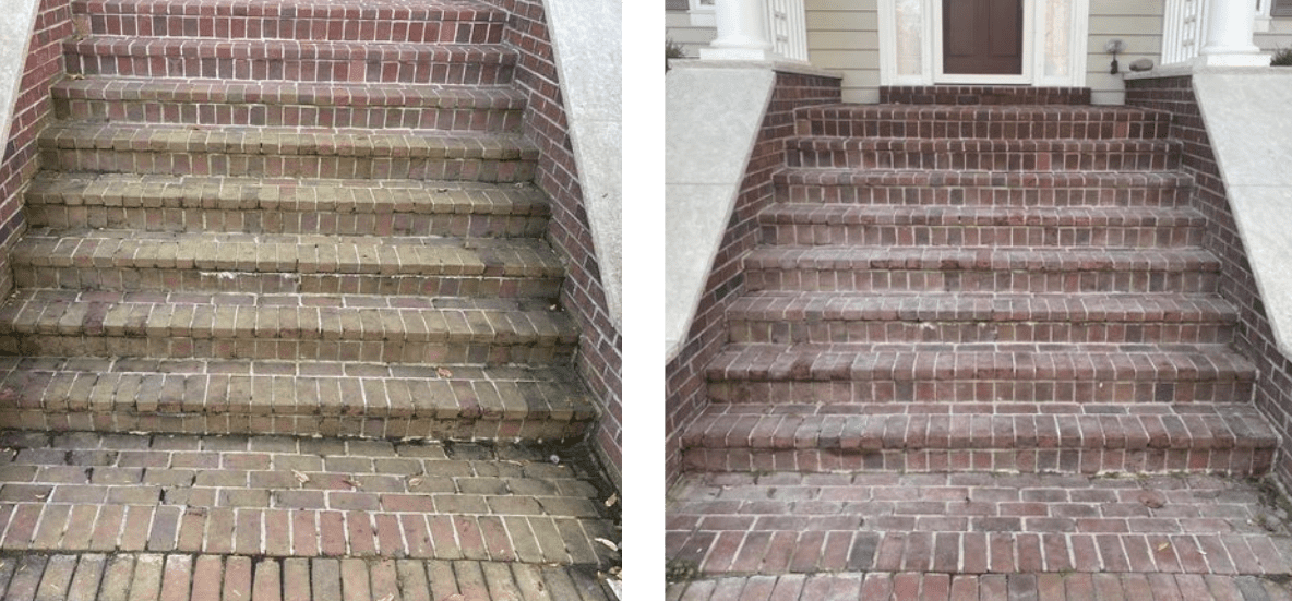 A split photo of stairs with brick steps and green stair treads.